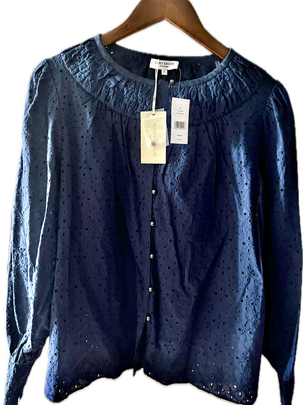 Ramy Brook Navy Eyelet Button-Front Top